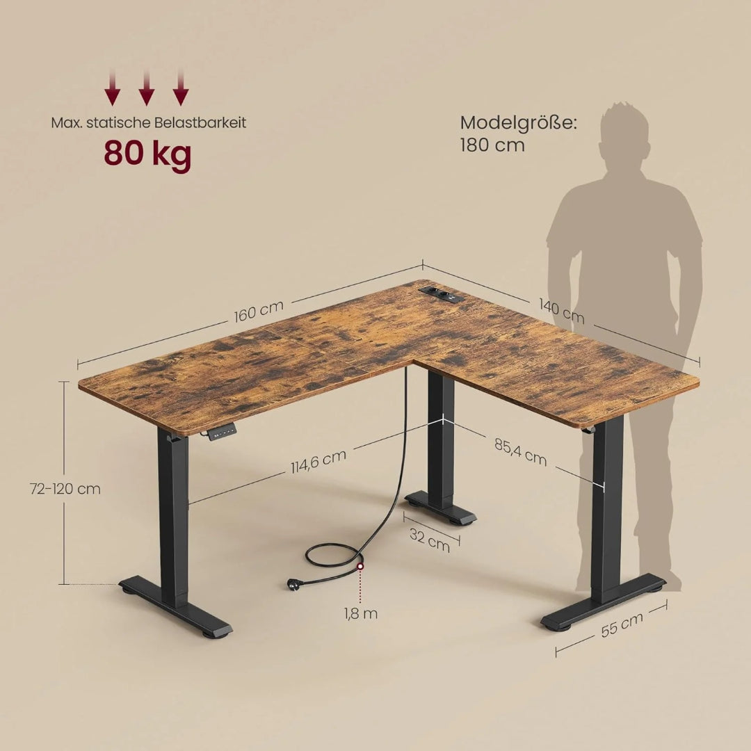 Elektrisk L-formet hæve-sænkebord 140x160 cm med USB – produktvisning 5 | Noreva Home