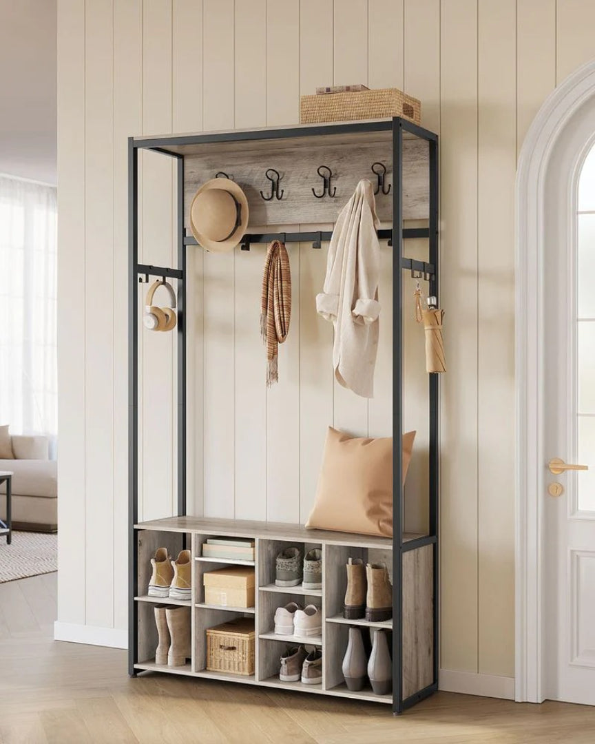 Entrégarderobe med bænk, 14 knager og justerbare skohylder, produktvisning 8 | Noreva Home