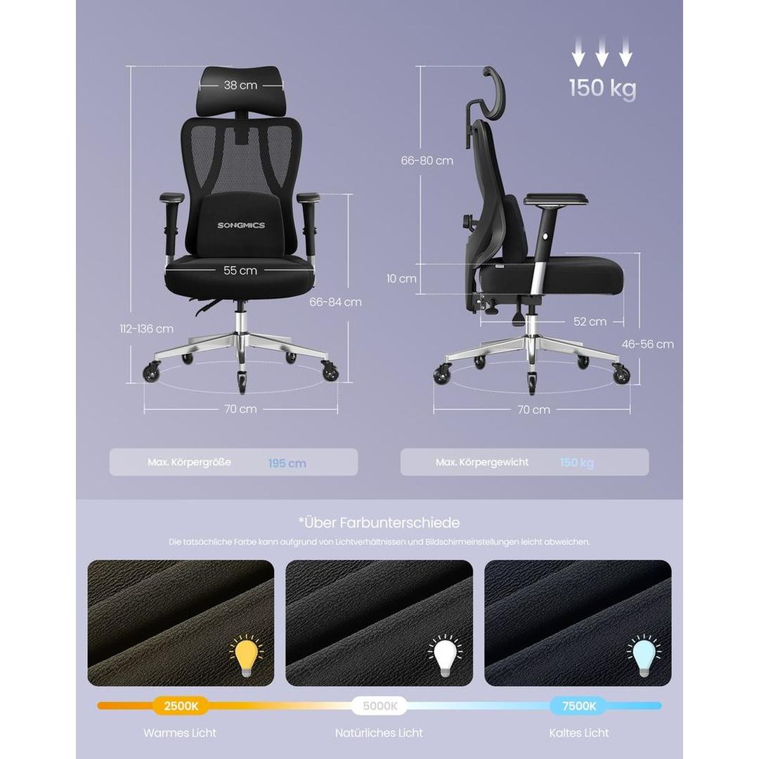 Ergonomisk Kontorstol med Justerbar Lændestøtte – Sort Drejestol med 4D-Armlæn og Nakkestøtte – produktvisning 7 | Noreva Home