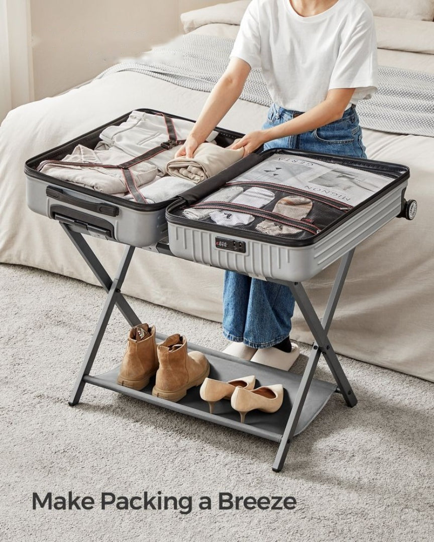 Foldbart bagagestativ i stål med X-stel og hylde, produktvisning 7 | Noreva Home
