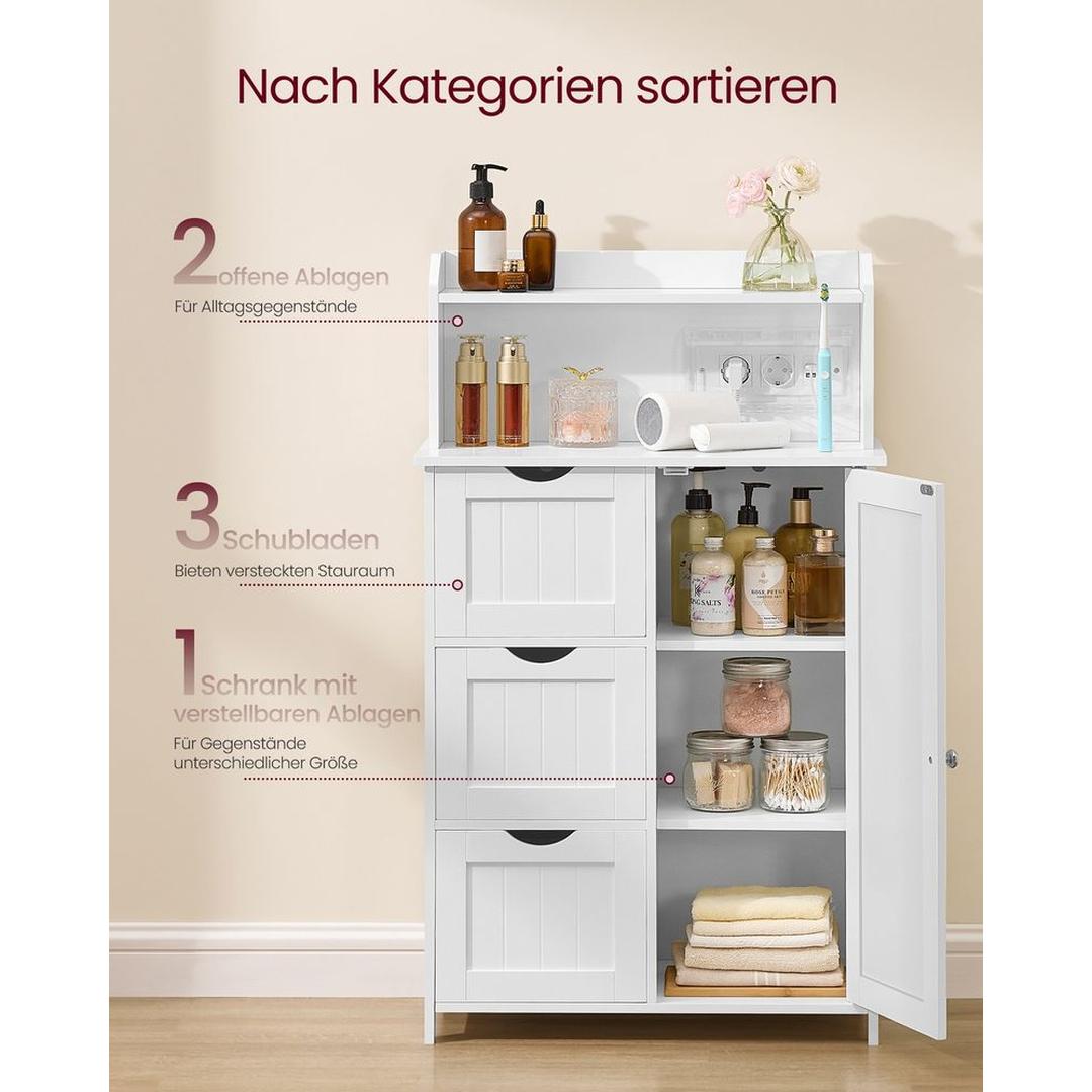 Fritstående Badeværelsesskab med Dør og Justerbare Hylder – Opladestation og Skuffer i Skyhvid – produktvisning 5 | Noreva Home