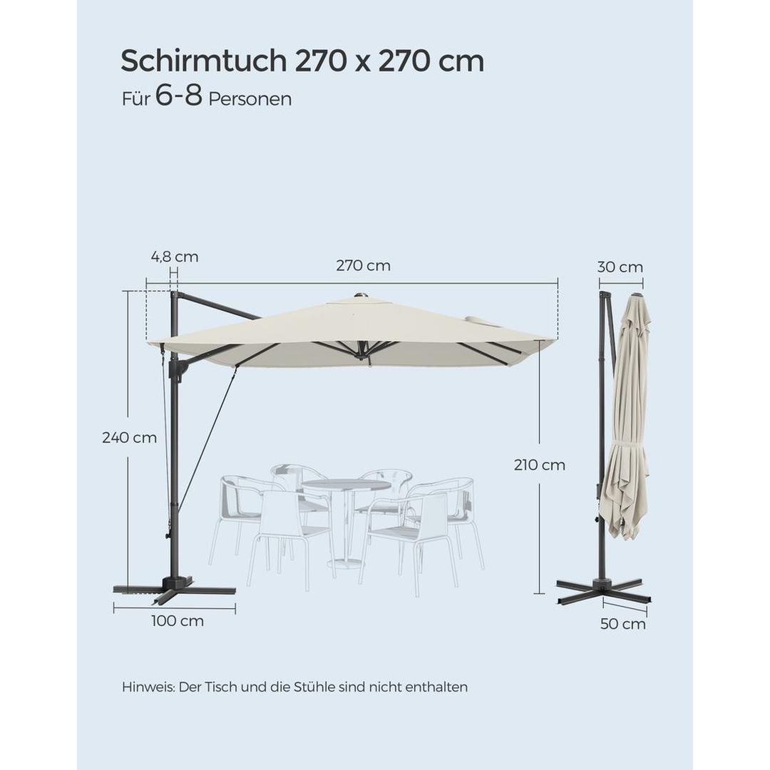 Hængeparasol 270 x 270 cm – 360° drejelig og vipbar 0-60° – UPF 50+ – stålstativ med kryds-fod – produktvisning 11 | Noreva Home