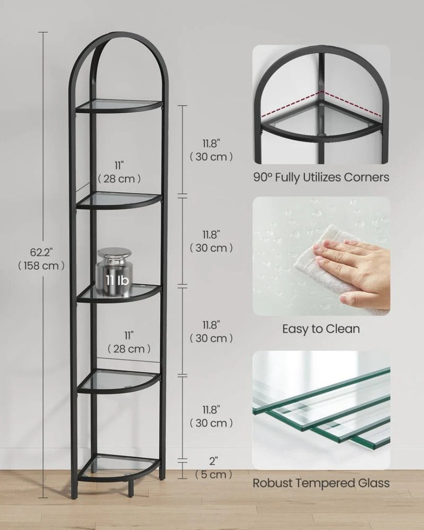 Hjørnereol i hærdet glas med 3 eller 5 niveauer og stålstel, produktvisning 10 | Noreva Home