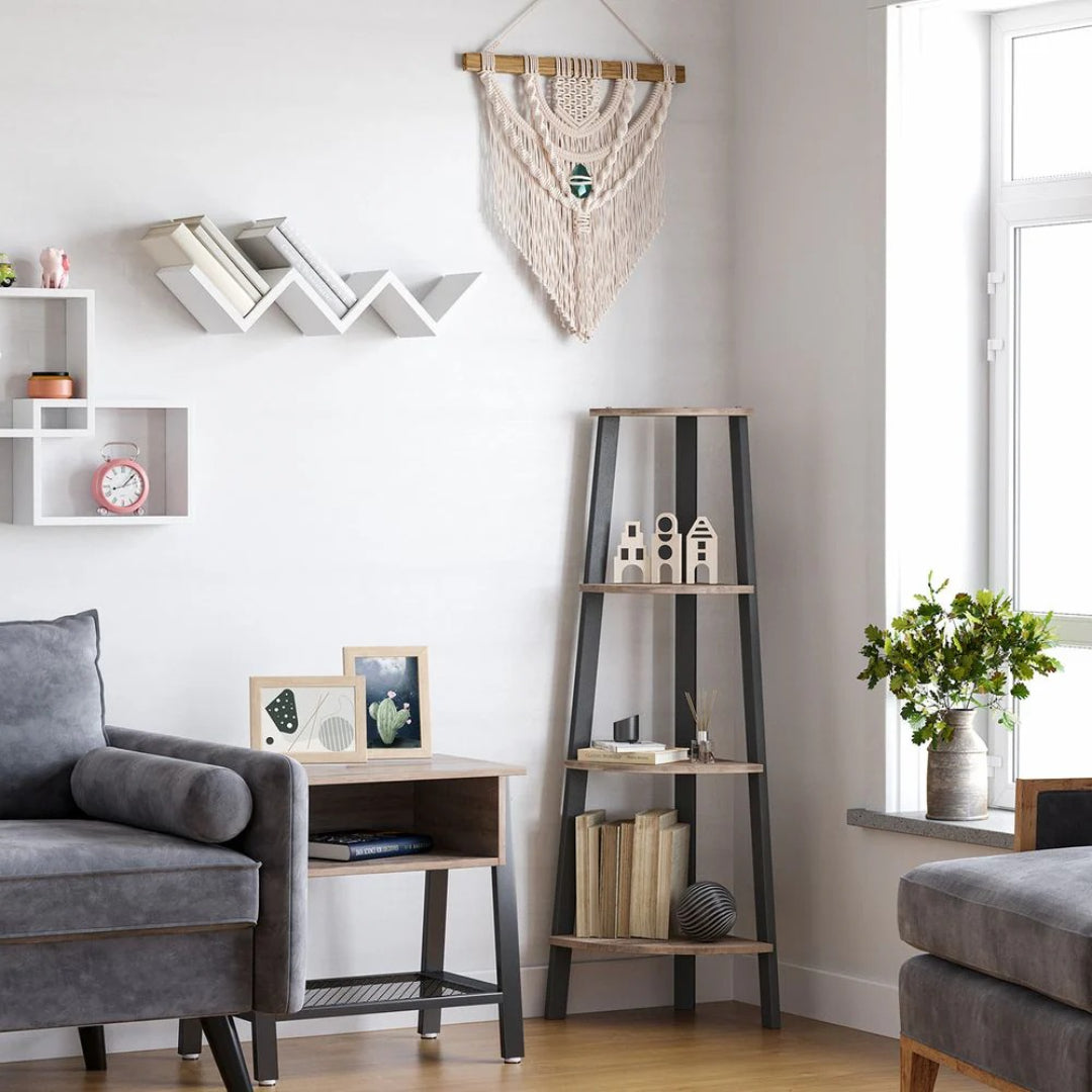 Hjørnereol med 4 niveauer, stålstel og hylder i spånplade, produktvisning 5 | Noreva Home