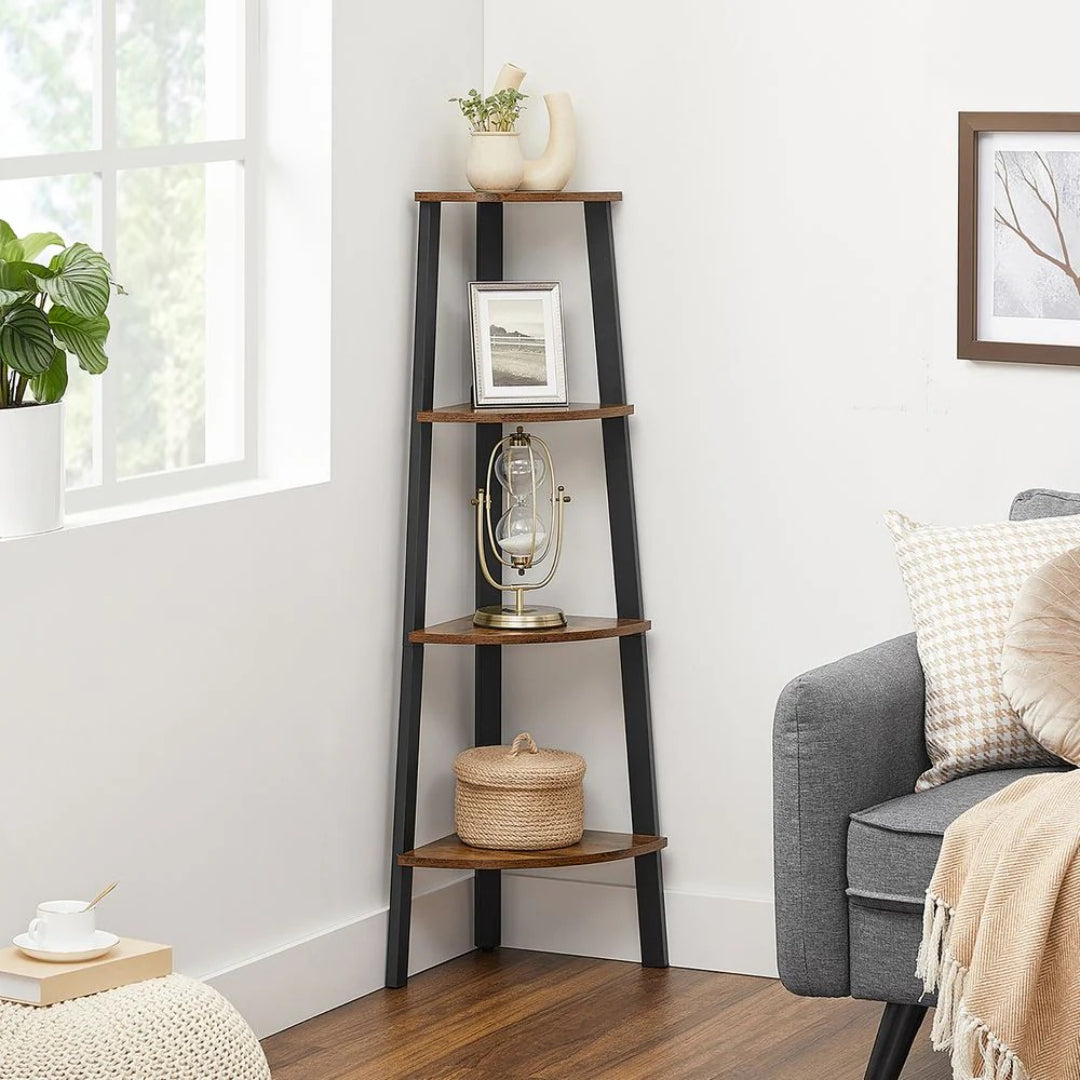 Hjørnereol med 4 niveauer, stålstel og hylder i spånplade, produktvisning 11 | Noreva Home