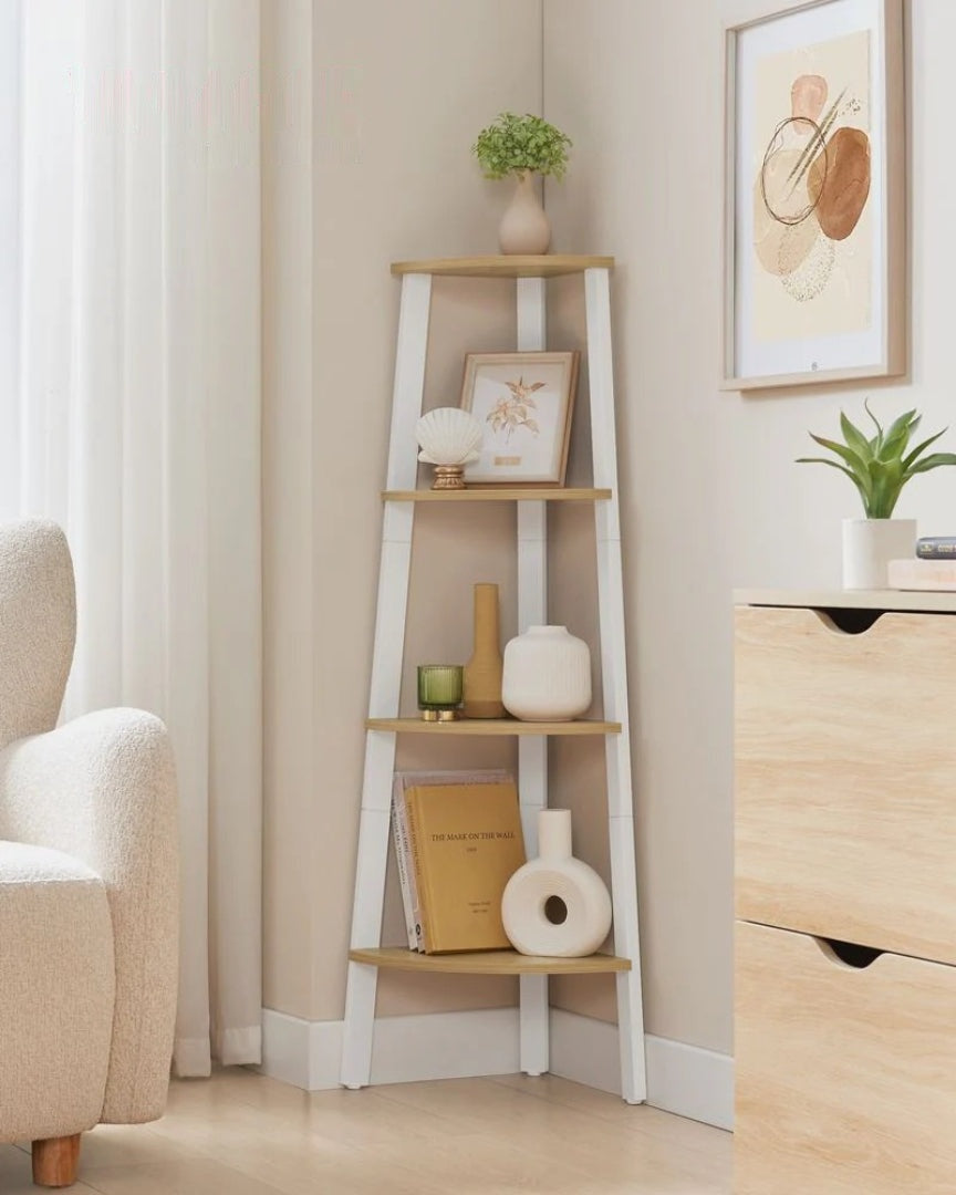 Hjørnereol med 4 niveauer, stålstel og hylder i spånplade, produktvisning 22 | Noreva Home