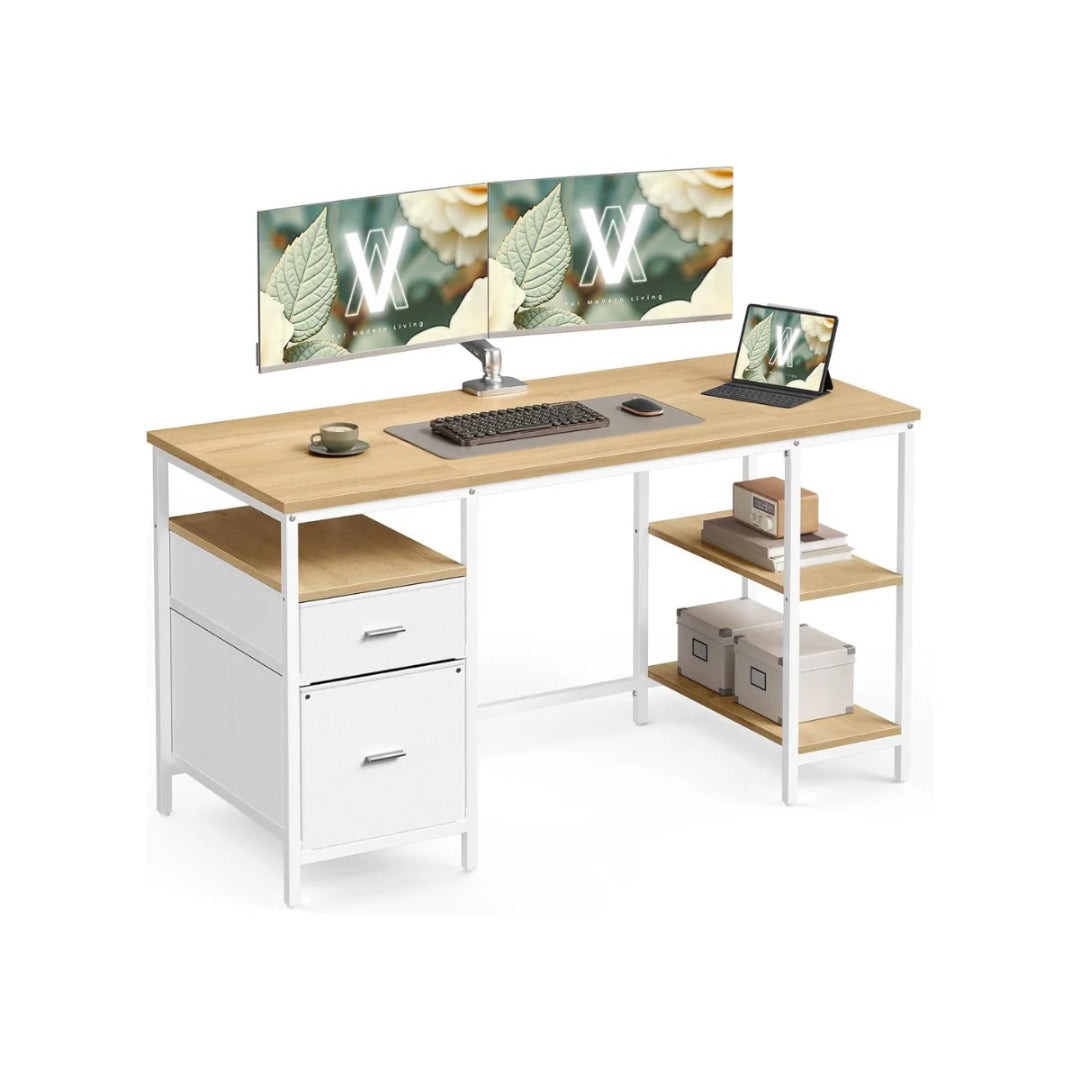 Industrielt computerskrivebord med skuffer og hylder – produktvisning 2 | Noreva Home