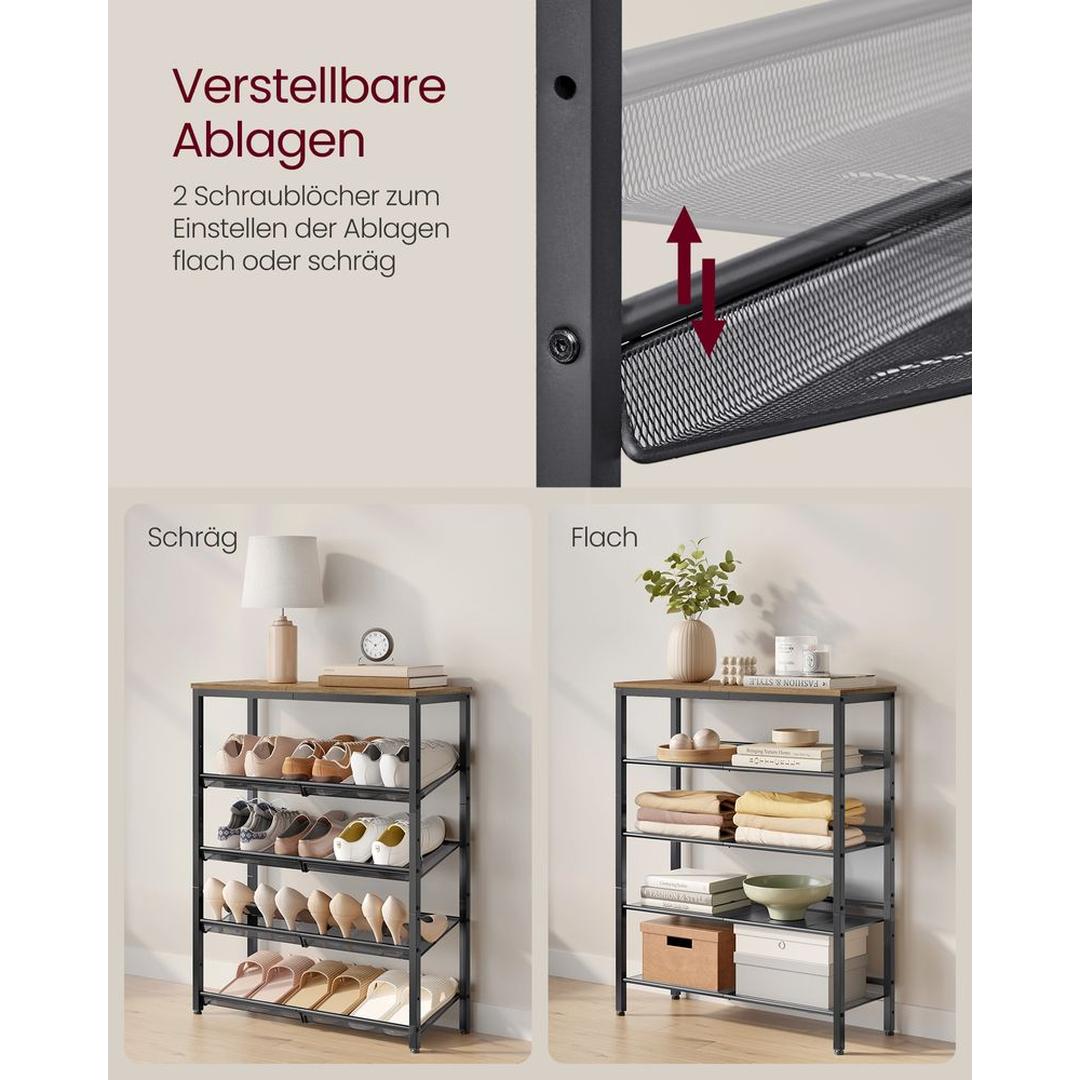 Industrielt skoreol med 5 opbevaringsniveauer – åbent skostativ til entré – produktvisning 14 | Noreva Home