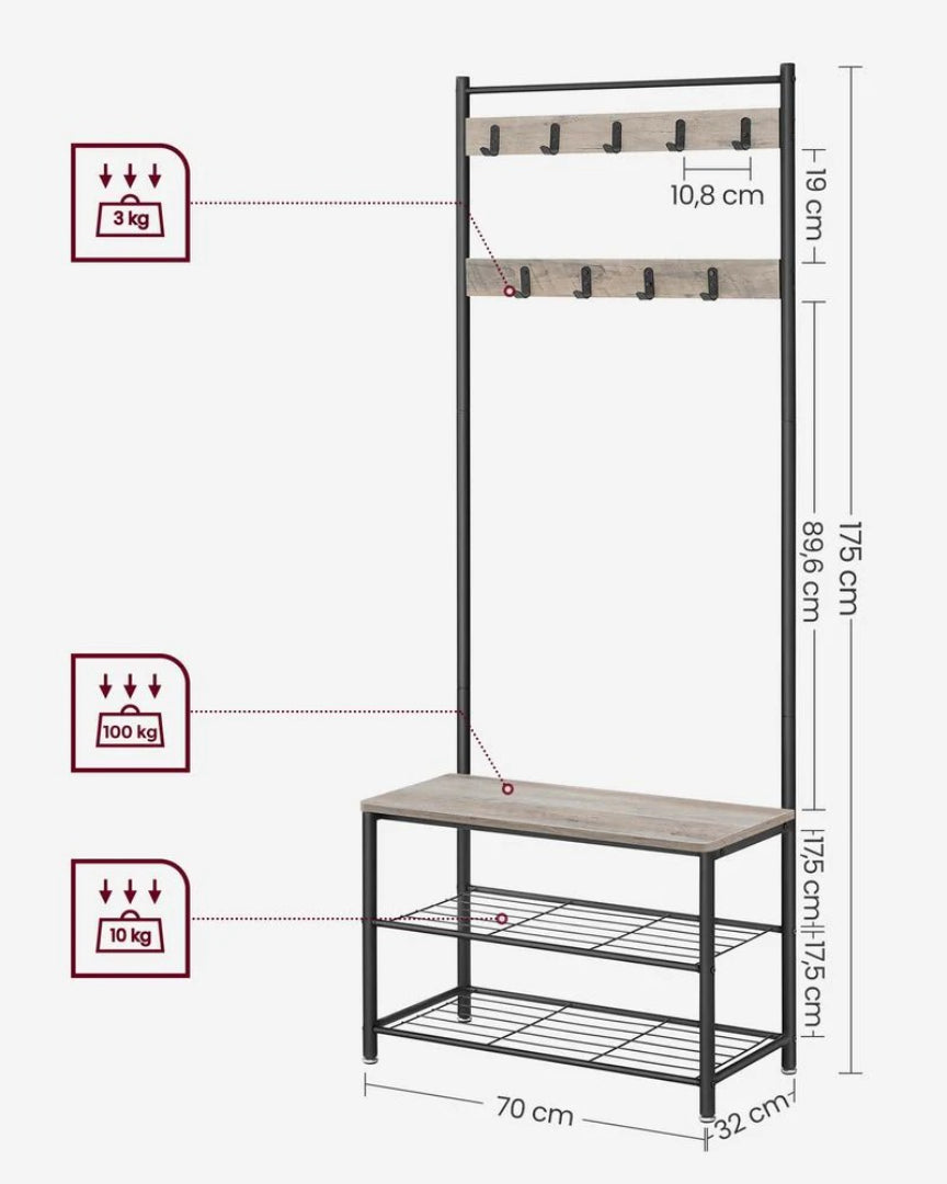 Knagerække med bænk, skohylder og 9 kroge til entré, produktvisning 10 | Noreva Home