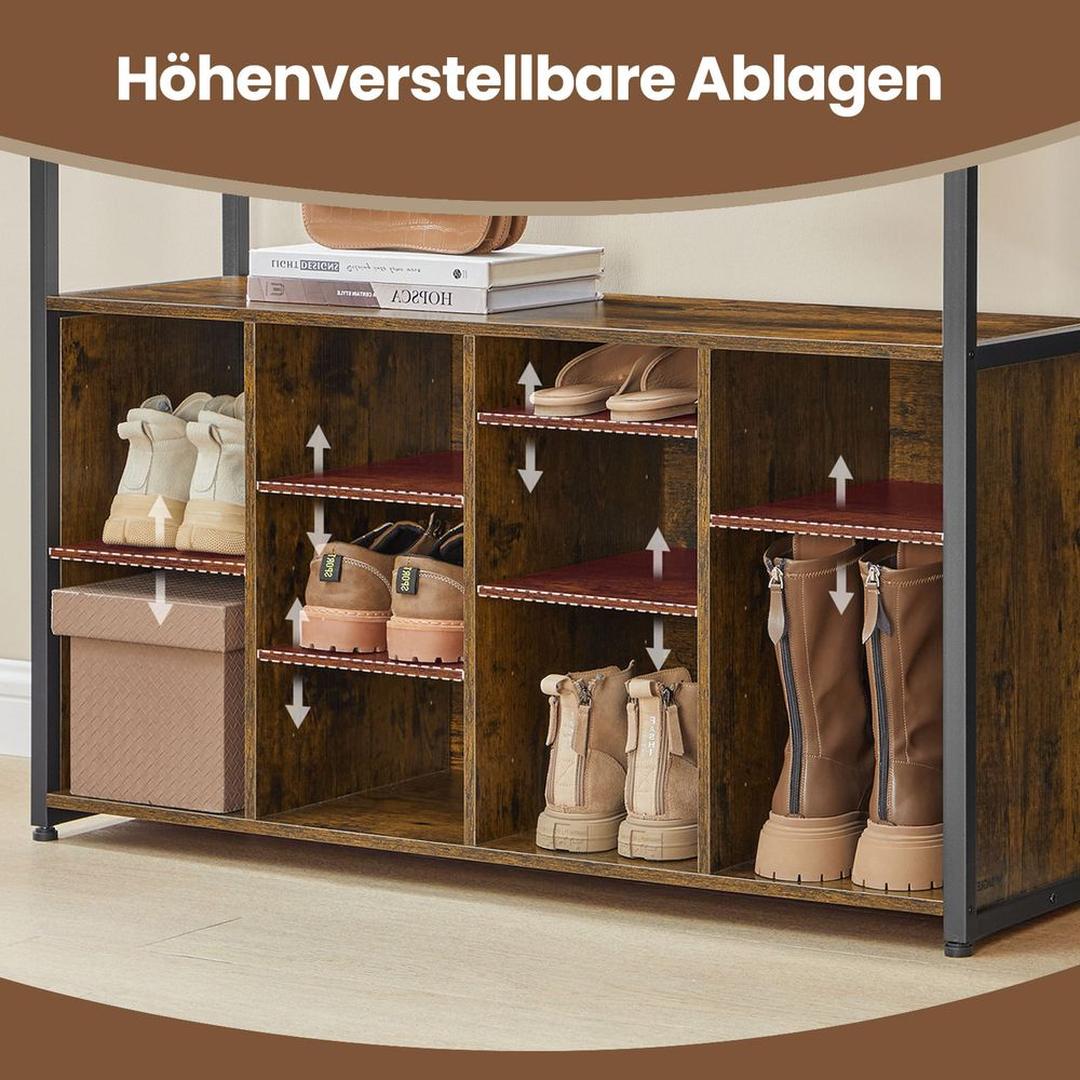 Knagerække med skoreol og siddebænk – entremøbel med justerbare hylder og kroge i stål og spånplade – produktvisning 3 | Noreva Home