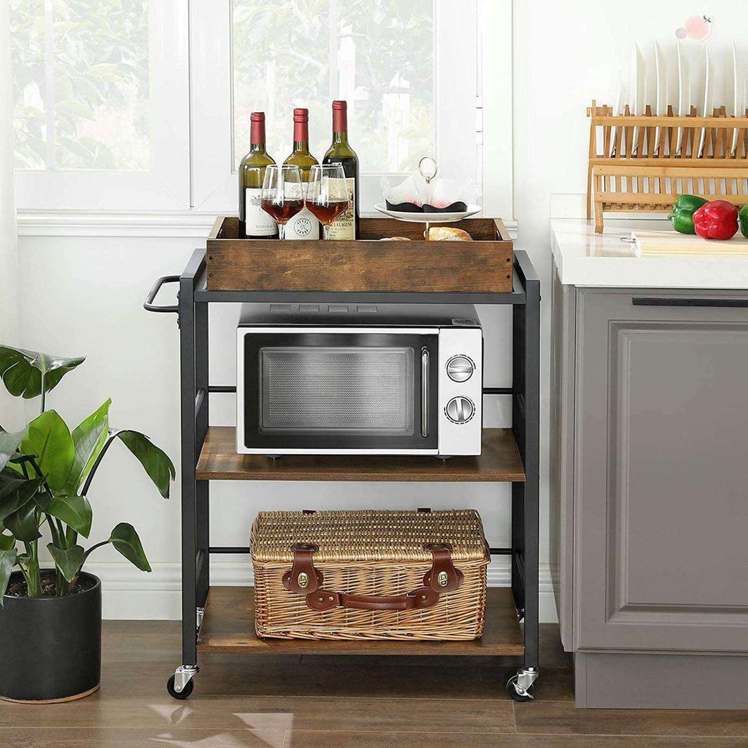 Køkkenvogn i vintage brun/sort – rullebord med hylder og hjul – produktvisning 2 | Noreva Home