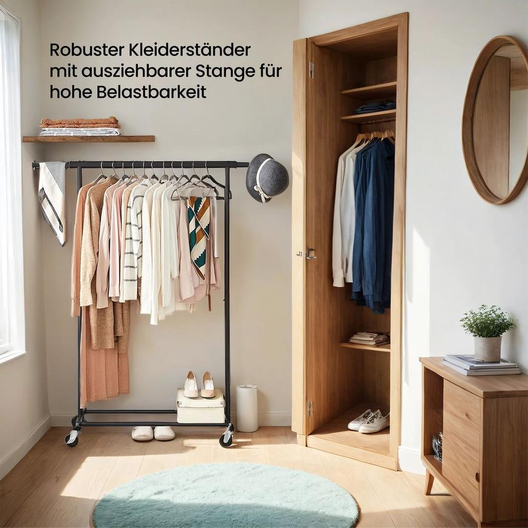 Kraftigt tøjstativ på hjul – flytbart garderobestativ til jakker og tøj – produktvisning 8 | Noreva Home