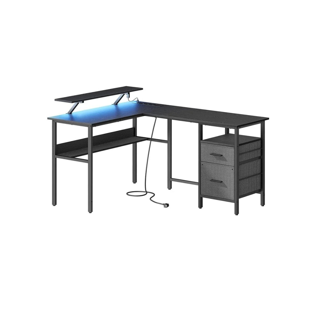 L-formet gamingbord med LED-lys og stikkontakter – produktvisning 1 | Noreva Home