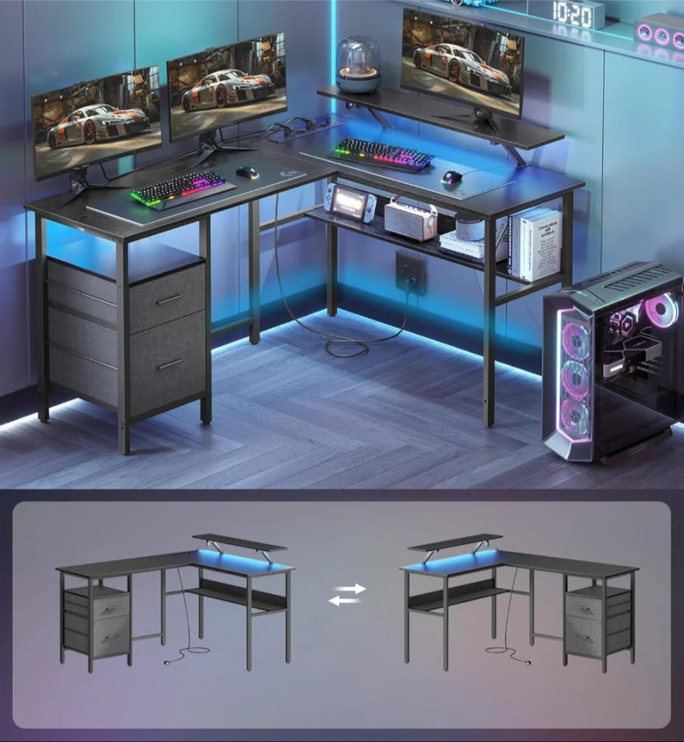 L-formet gamingbord med LED-lys og stikkontakter – produktvisning 4 | Noreva Home