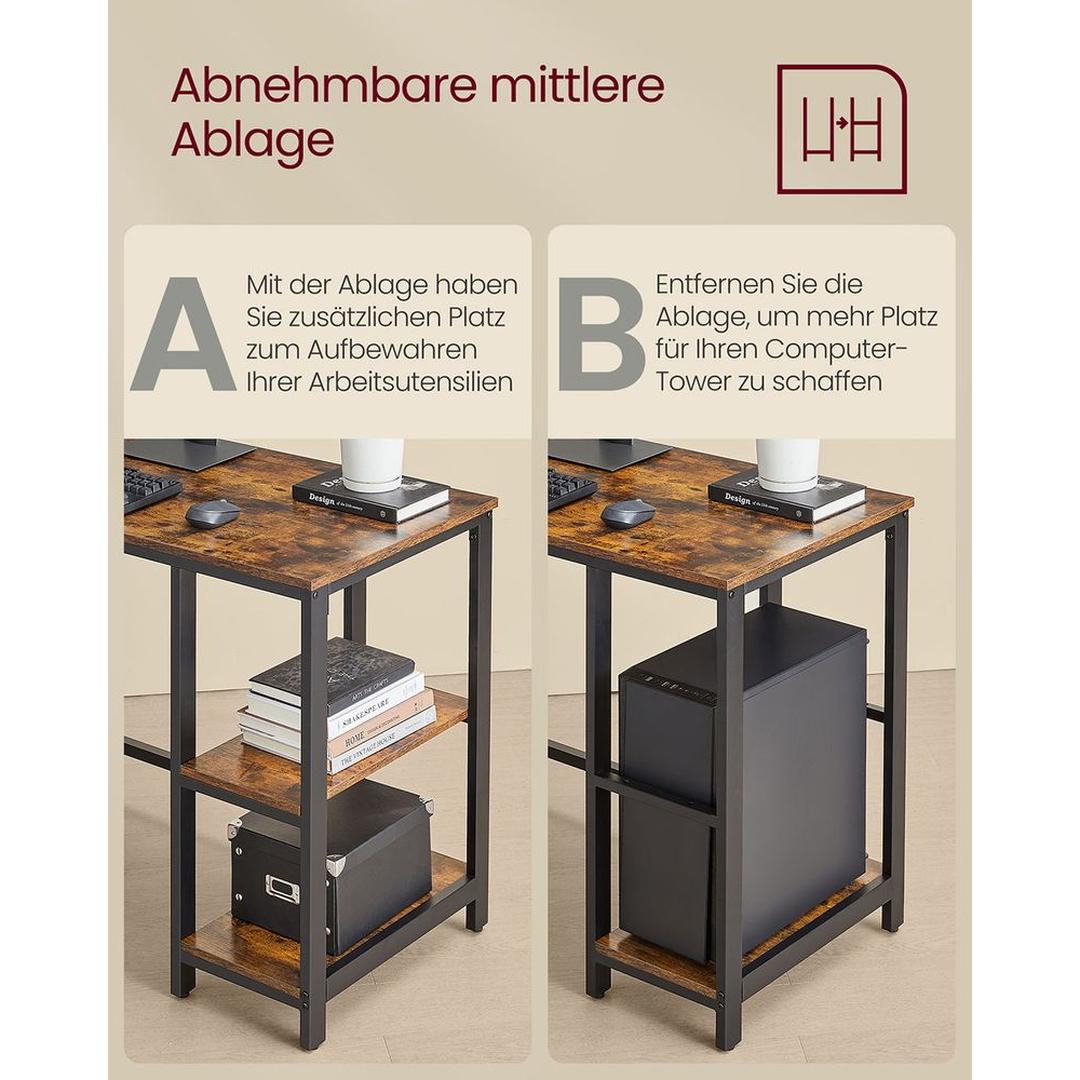 L-formet skrivebord med 2 opbevaringshylder og træeffekt bordplade – rummeligt hjørneskrivebord til kontor og hjemmearbejdsplads – produktvisning 35 | Noreva Home