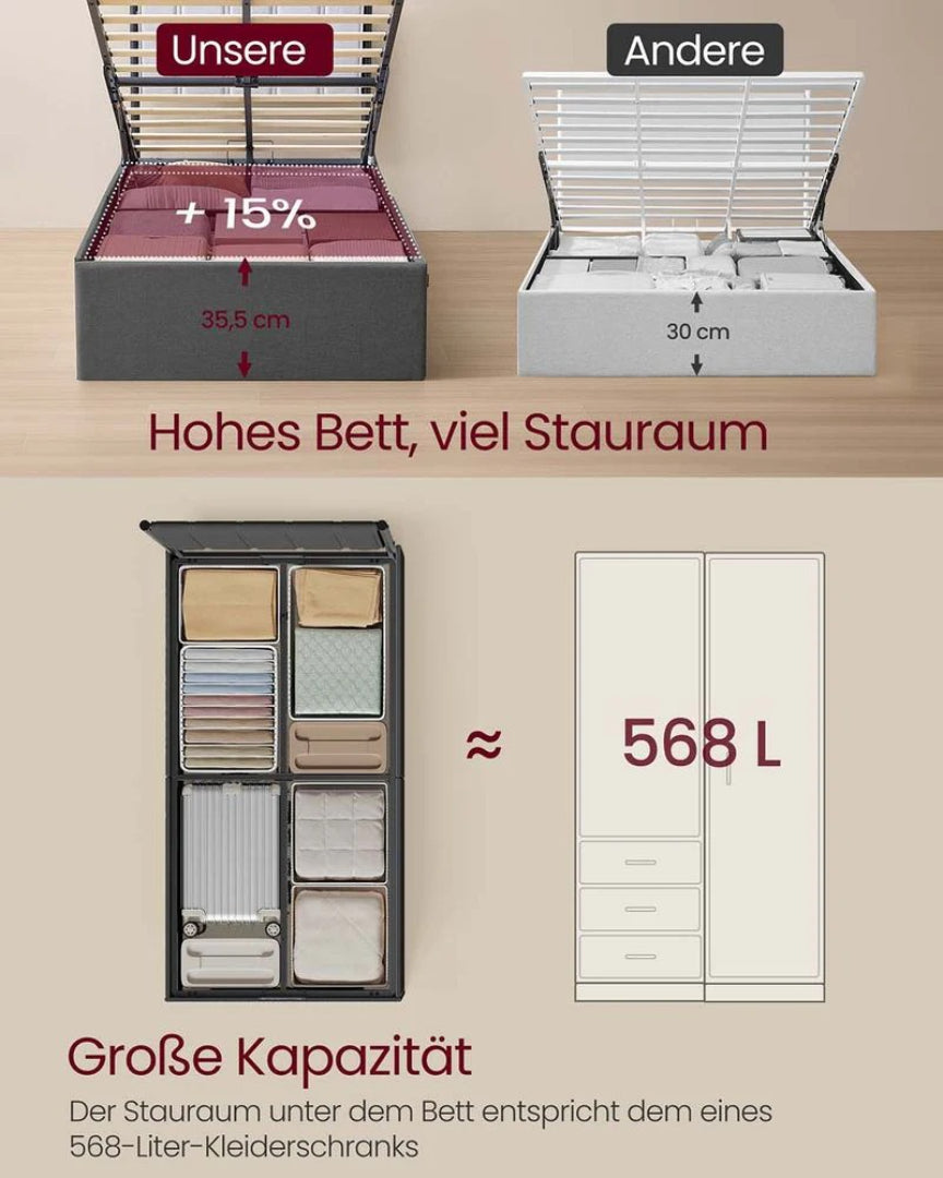 Polstret sengestel med opbevaring og hydraulisk løft – produktvisning 5 | Noreva Home