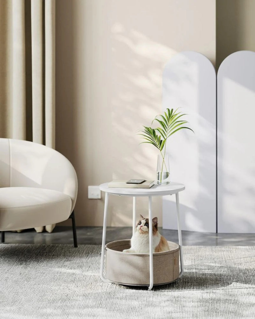 Rundt sengebord med stofkurv og stålstel, produktvisning 46 | Noreva Home
