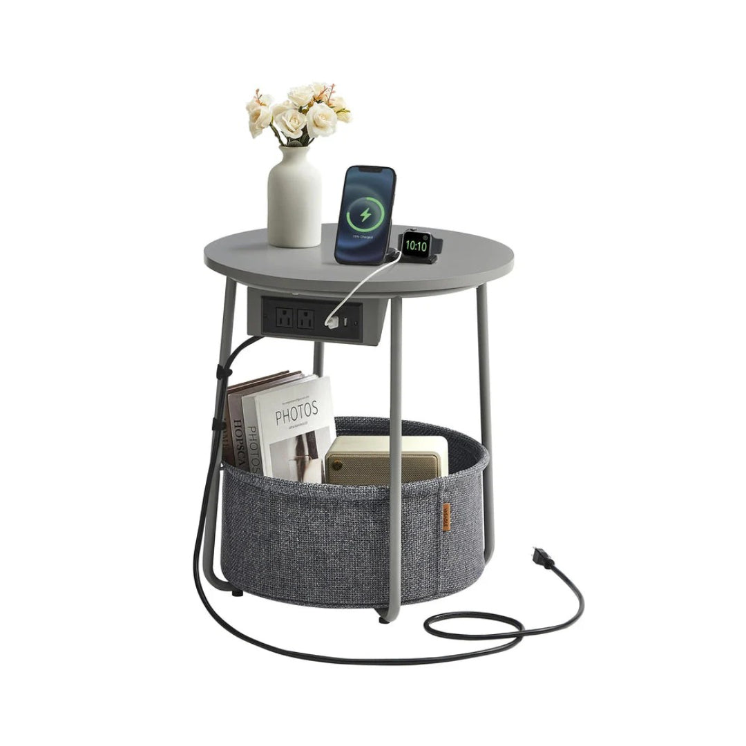 Rundt sidebord med ladestation og stofkurv, produktvisning 2 | Noreva Home