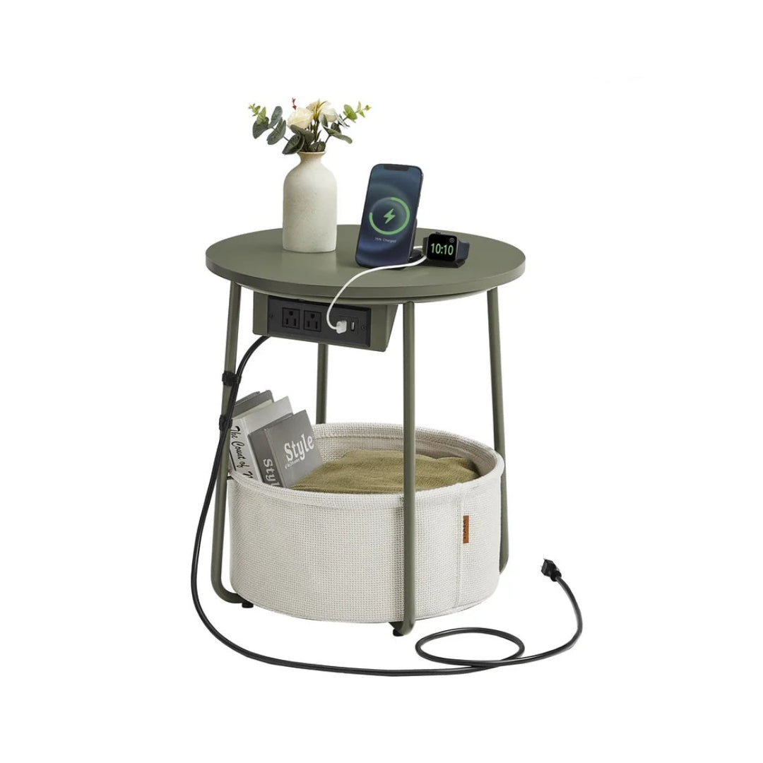 Rundt sidebord med ladestation og stofkurv, produktvisning 3 | Noreva Home