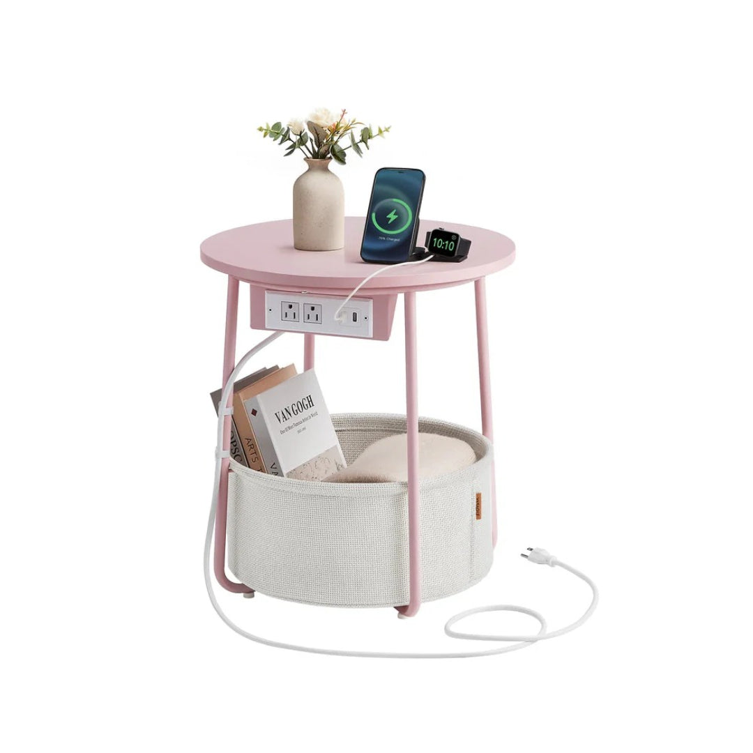 Rundt sidebord med ladestation og stofkurv, produktvisning 4 | Noreva Home