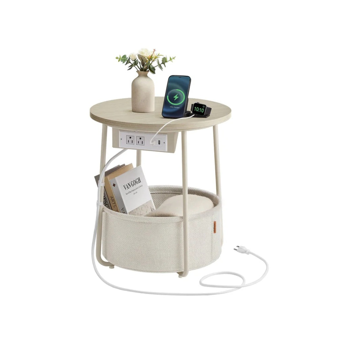 Rundt sidebord med ladestation og stofkurv, produktvisning 6 | Noreva Home