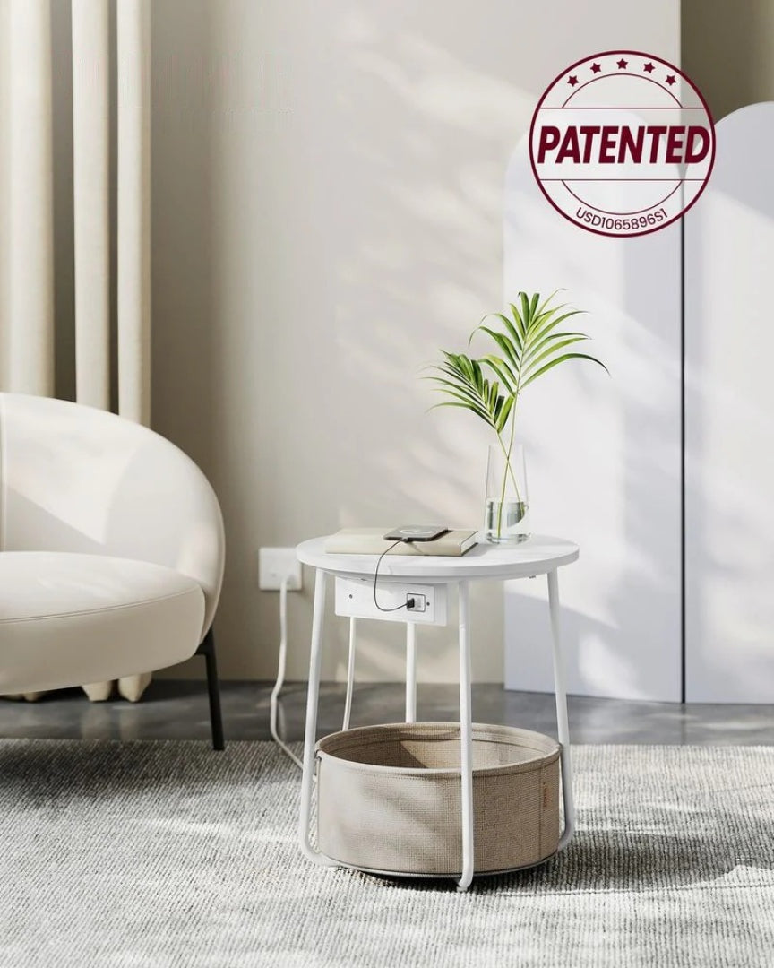 Rundt sidebord med ladestation og stofkurv, produktvisning 7 | Noreva Home