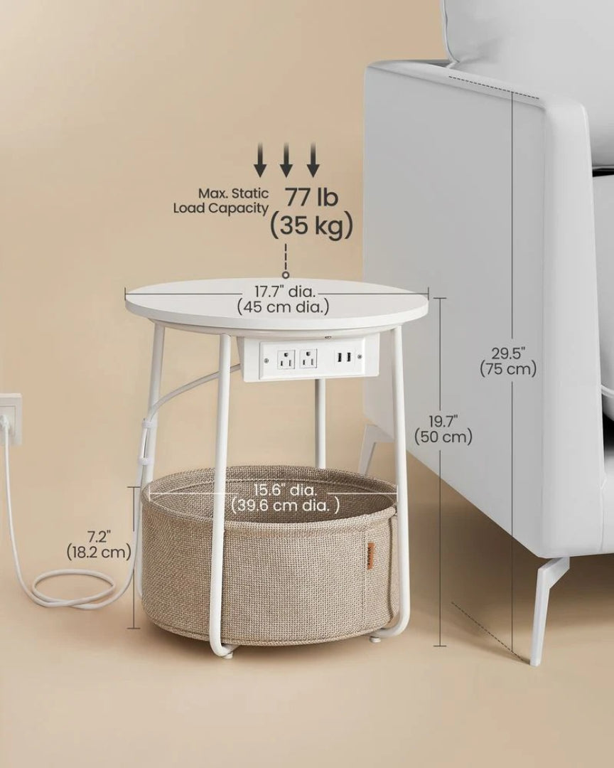 Rundt sidebord med ladestation og stofkurv, produktvisning 11 | Noreva Home