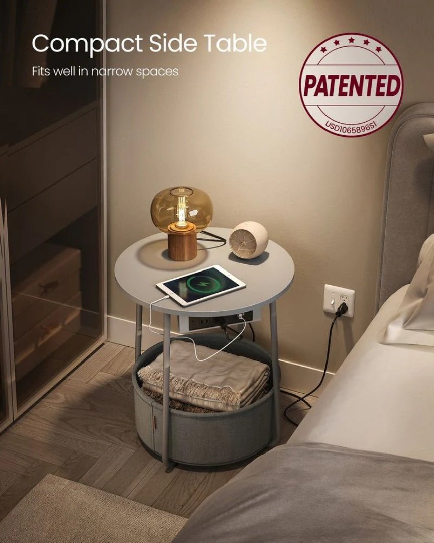 Rundt sidebord med ladestation og stofkurv, produktvisning 15 | Noreva Home