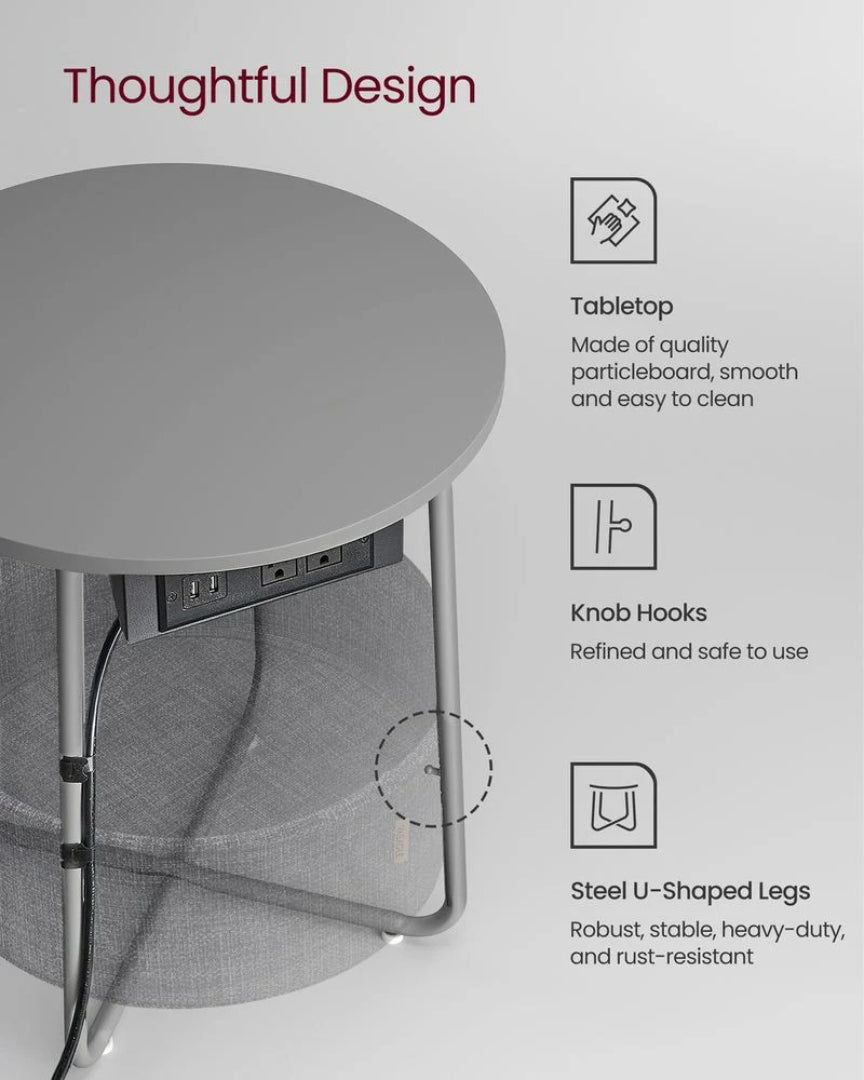 Rundt sidebord med ladestation og stofkurv, produktvisning 17 | Noreva Home
