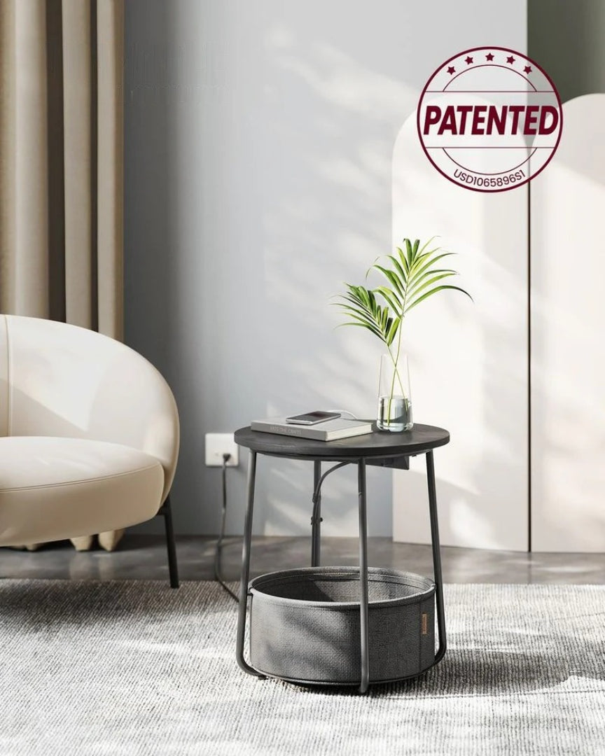 Rundt sidebord med ladestation og stofkurv, produktvisning 28 | Noreva Home