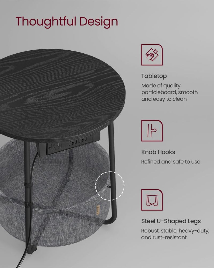 Rundt sidebord med ladestation og stofkurv, produktvisning 31 | Noreva Home
