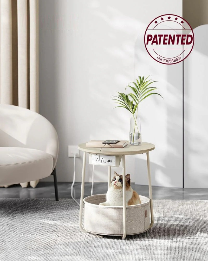 Rundt sidebord med ladestation og stofkurv, produktvisning 33 | Noreva Home