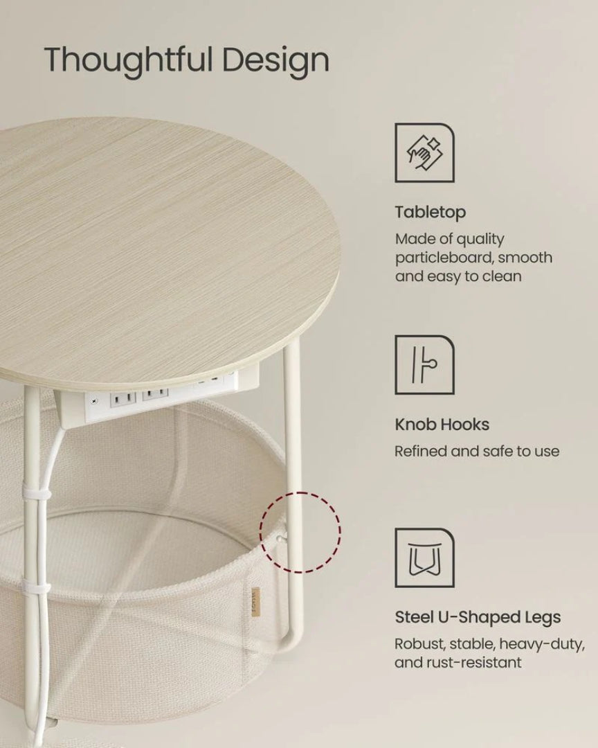 Rundt sidebord med ladestation og stofkurv, produktvisning 36 | Noreva Home