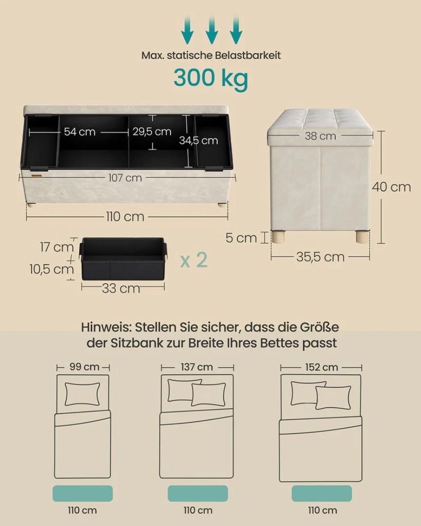 Sammenklappelig fløjls opbevaringsbænk 110 cm 112L – produktvisning 5 | Noreva Home