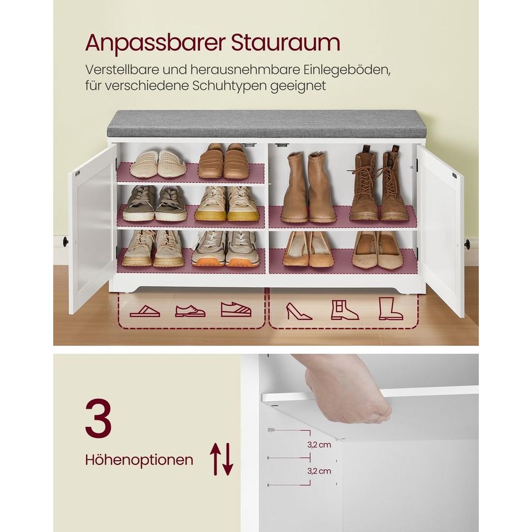 Skobænk med Opbevaring – Hvid Skoskab med Låger og Justerbare Hylder – produktvisning 3 | Noreva Home