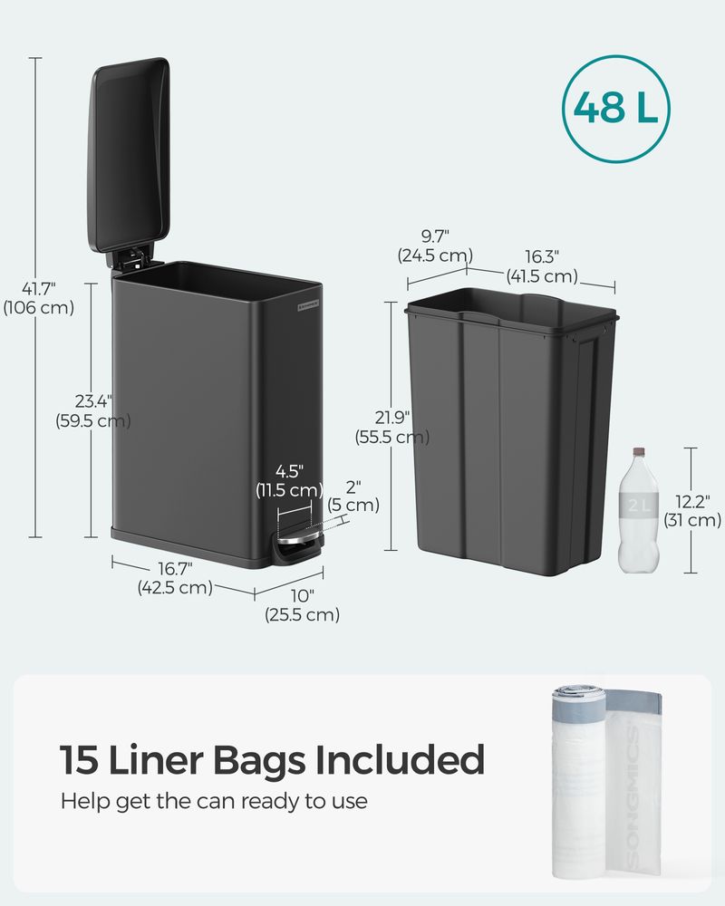 Slank skraldespand på 13 gallon i rustfrit stål med soft close-låg, produktvisning 21 | Noreva Home