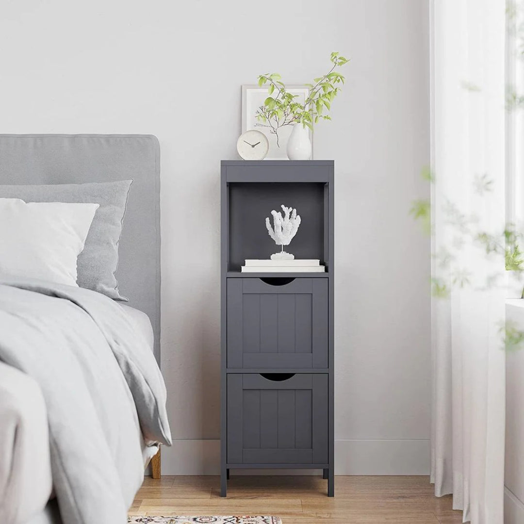 Smalt badeværelsesskab med 2 skuffer og åben hylde, 35 in højt, produktvisning 12 | Noreva Home