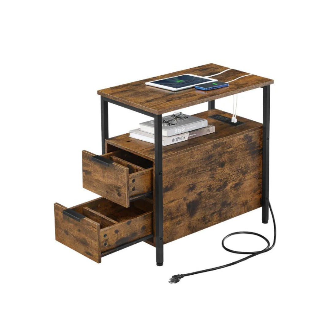 Smalt sidebord med ladestation, 2 skuffer og bladholder, produktvisning 1 | Noreva Home