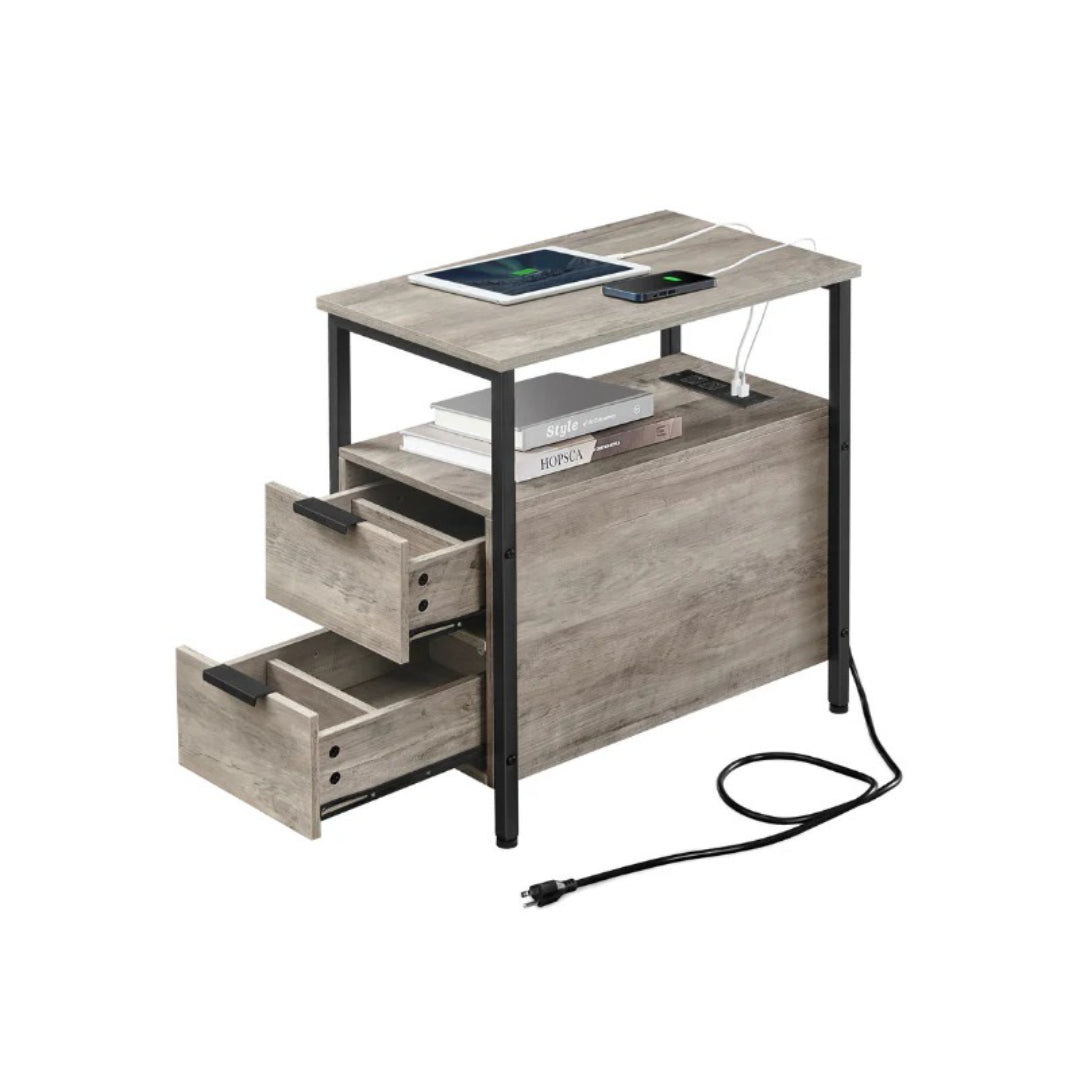 Smalt sidebord med ladestation, 2 skuffer og bladholder, produktvisning 3 | Noreva Home