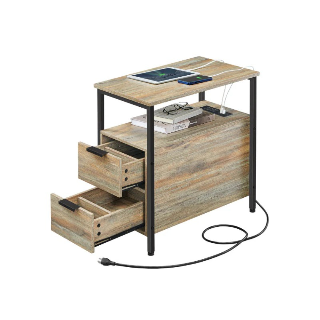 Smalt sidebord med ladestation, 2 skuffer og bladholder, produktvisning 4 | Noreva Home