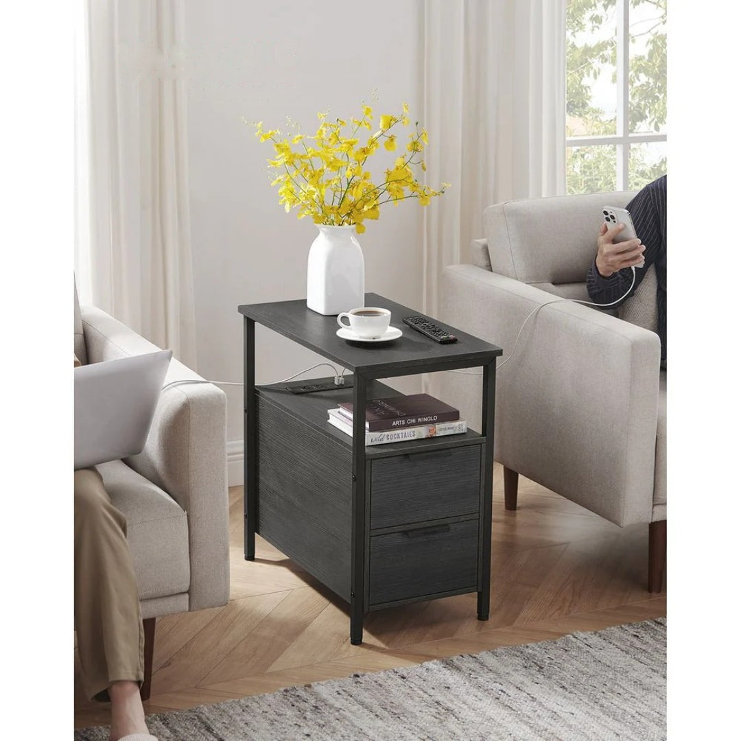 Smalt sidebord med ladestation, 2 skuffer og bladholder, produktvisning 5 | Noreva Home
