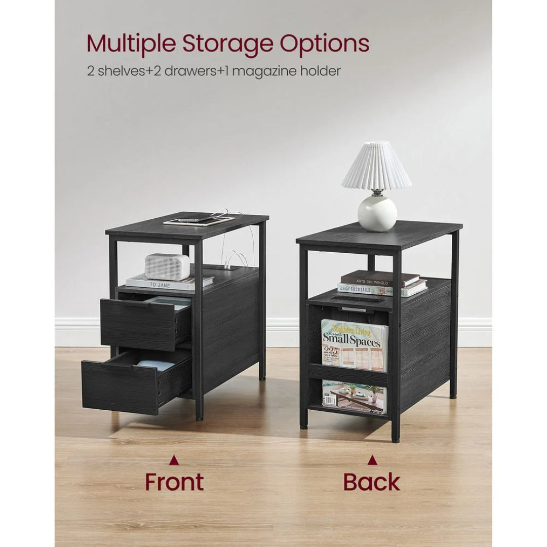Smalt sidebord med ladestation, 2 skuffer og bladholder, produktvisning 8 | Noreva Home