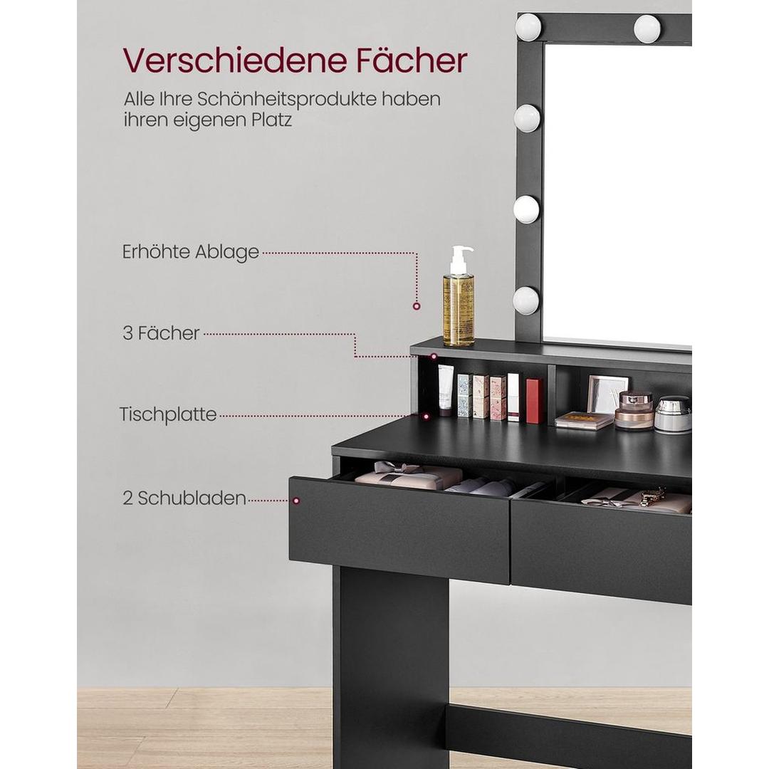 Sminkebord med LED-Belysning – Makeupbord med Spejl og Opbevaring – produktvisning 5 | Noreva Home