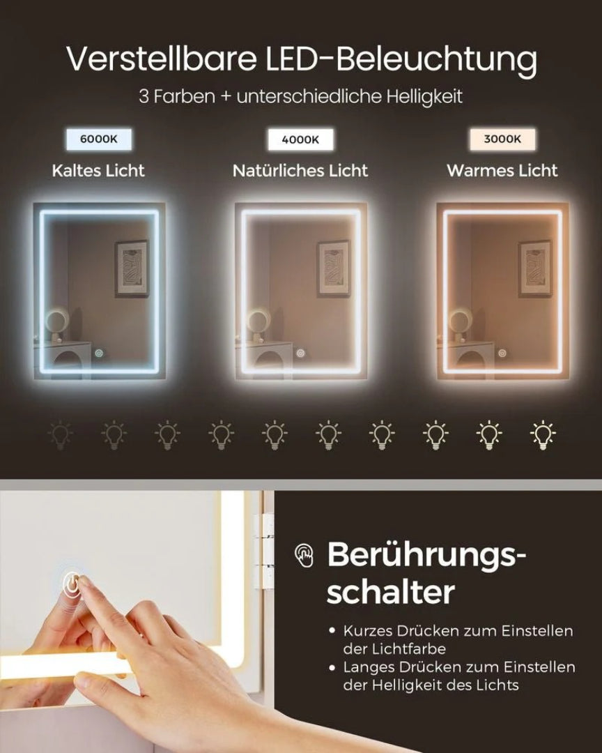 Sminkebord med LED-belysning og opbevaring – produktvisning 3 | Noreva Home