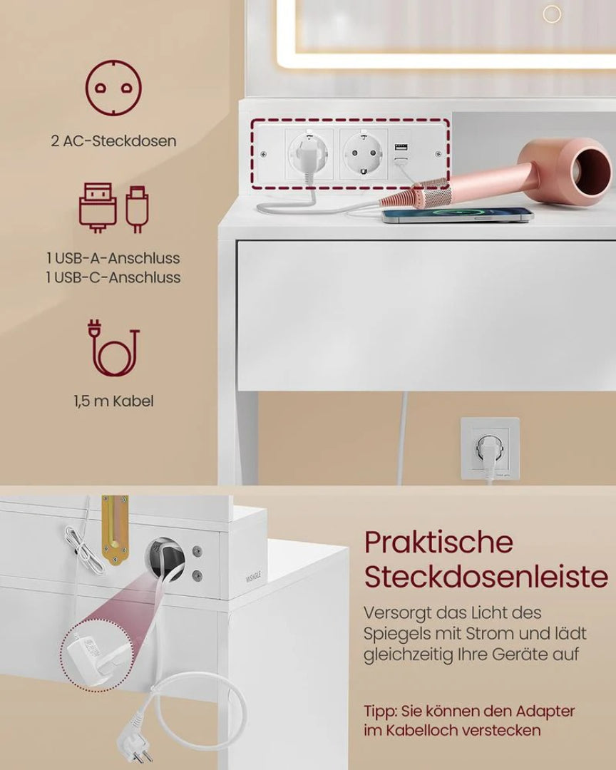 Sminkebord med LED-spejl og stikkontakter – produktvisning 5 | Noreva Home