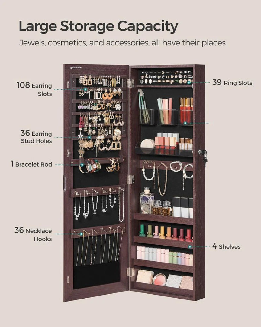 Smykkeskab med spejllåge i fuld længde og makeupopbevaring, produktvisning 8 | Noreva Home