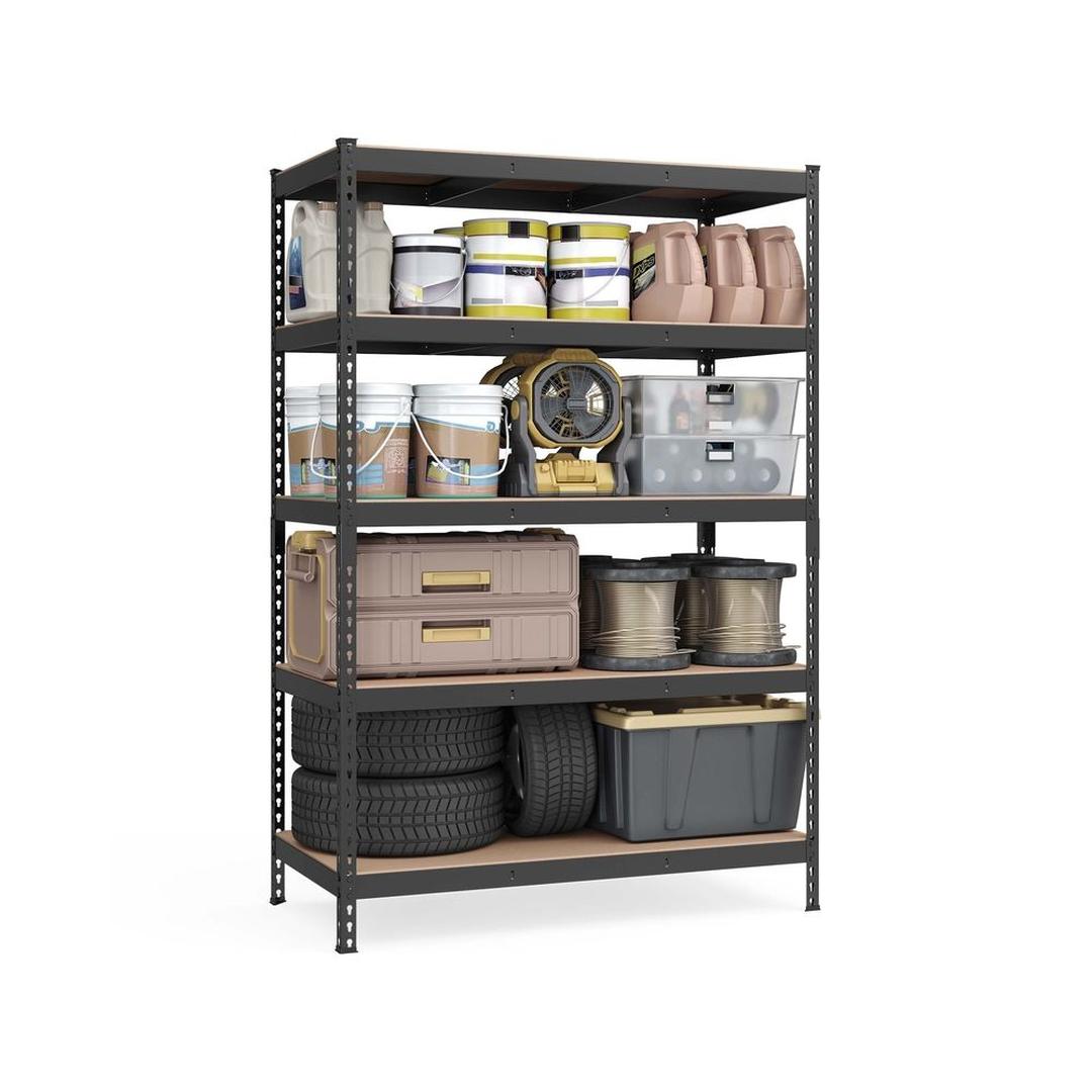 Sort kraftig reol med 5 hylder – 60 × 120 × 180 cm – solid opbevaringsreol til garage eller værksted – produktvisning 1 | Noreva Home