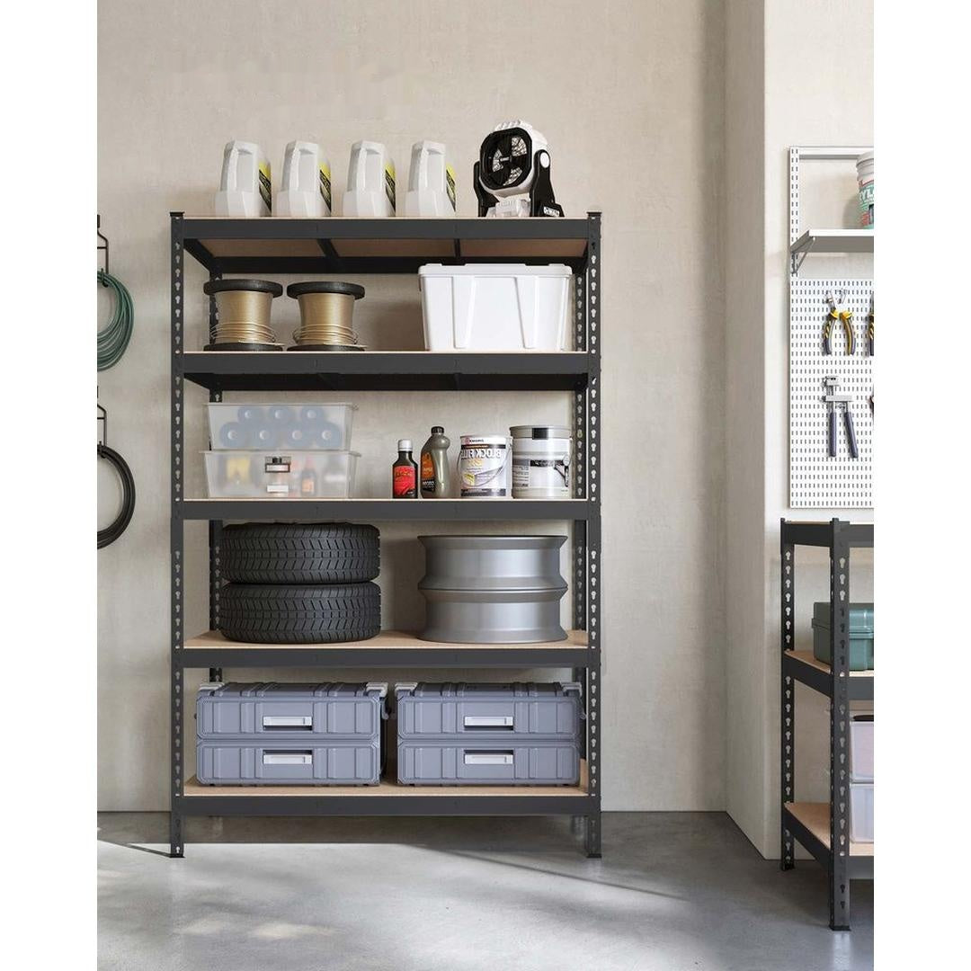 Sort kraftig reol med 5 hylder – 60 × 120 × 180 cm – solid opbevaringsreol til garage eller værksted – produktvisning 2 | Noreva Home