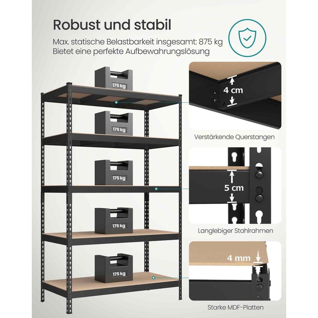 Sort kraftig reol med 5 hylder – 60 × 120 × 180 cm – solid opbevaringsreol til garage eller værksted – produktvisning 3 | Noreva Home