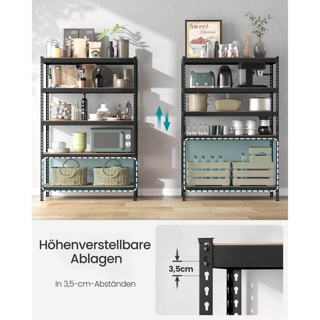 Sort kraftig reol med 5 hylder – 60 × 120 × 180 cm – solid opbevaringsreol til garage eller værksted – produktvisning 4 | Noreva Home